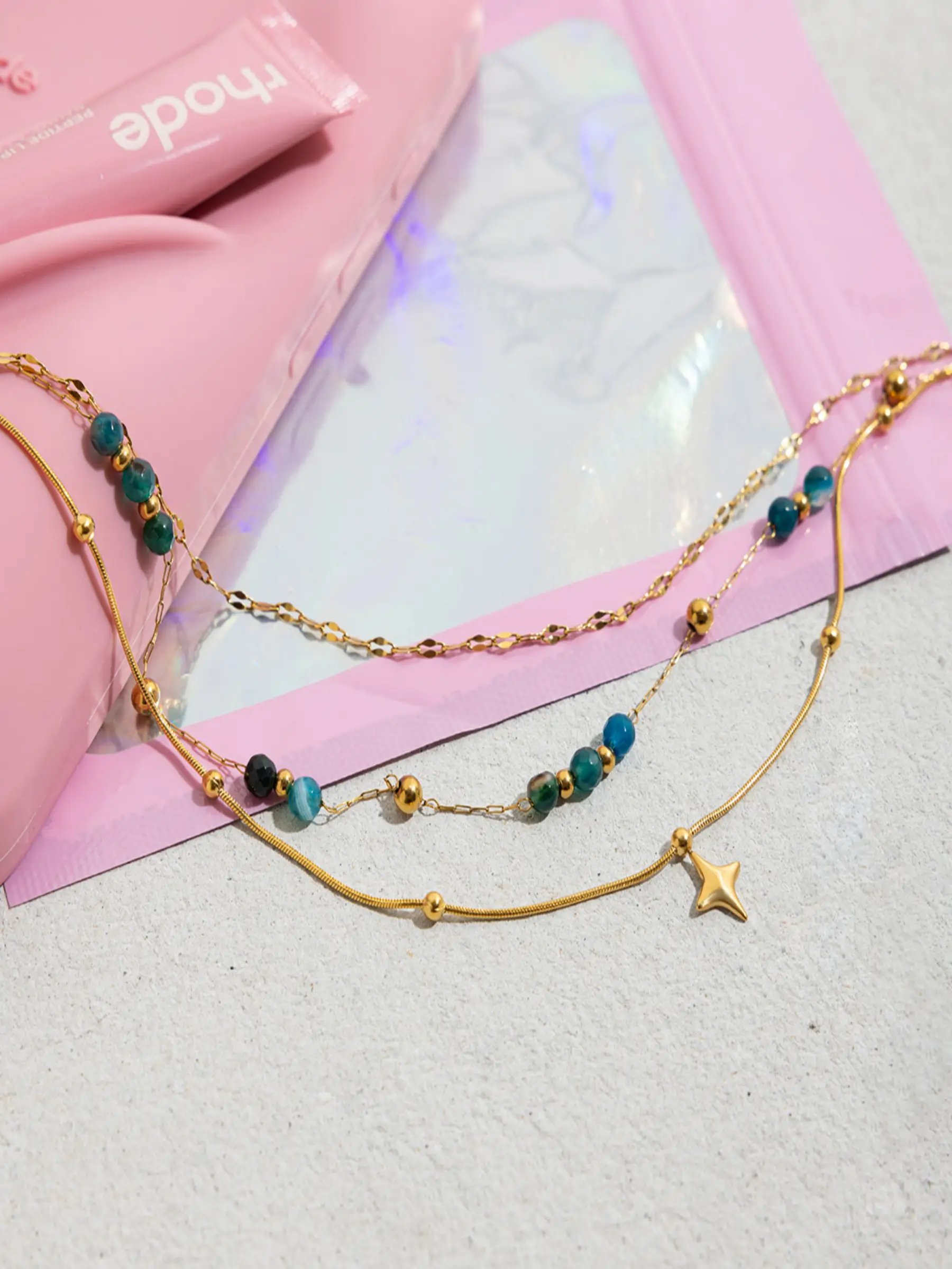 Gold Tone Teal Beads and Star Charm Layered Necklace