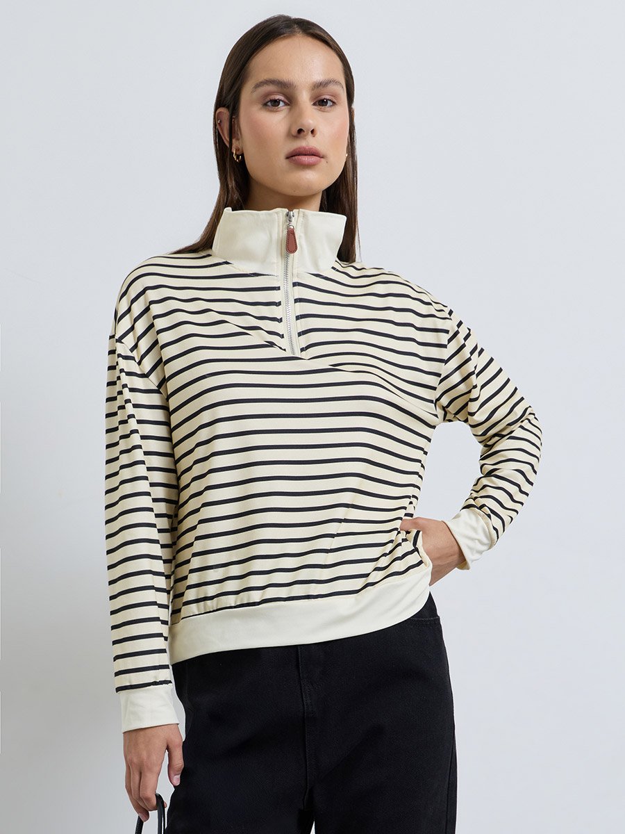 Cream Striped Quarter Zip Long Sleeve Polo T-Shirt