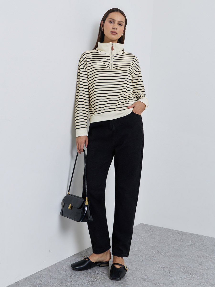 Cream Striped Quarter Zip Long Sleeve Polo T-Shirt