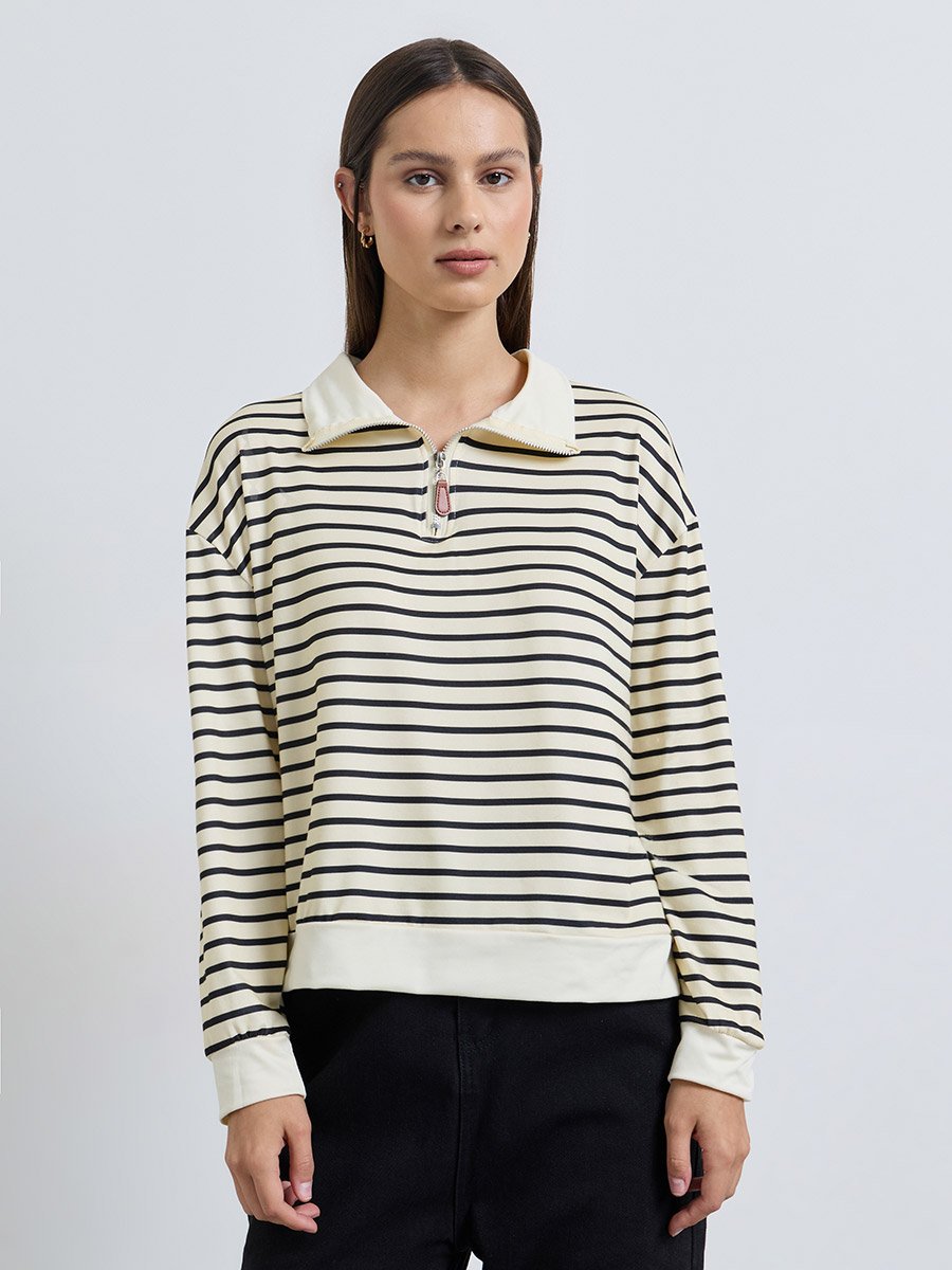 Cream Striped Quarter Zip Long Sleeve Polo T-Shirt
