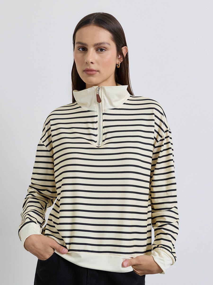 Cream Striped Quarter Zip Long Sleeve Polo T-Shirt