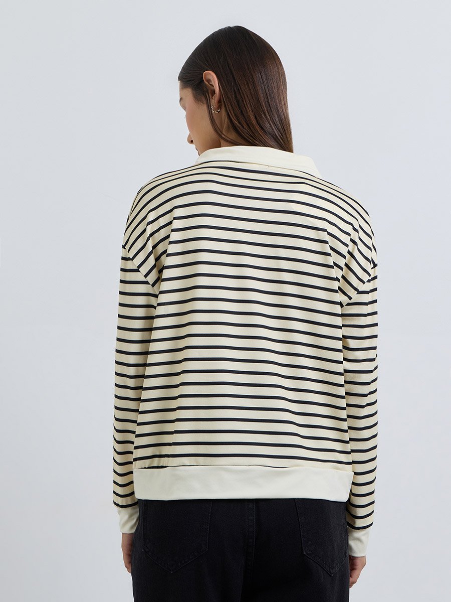 Cream Striped Quarter Zip Long Sleeve Polo T-Shirt