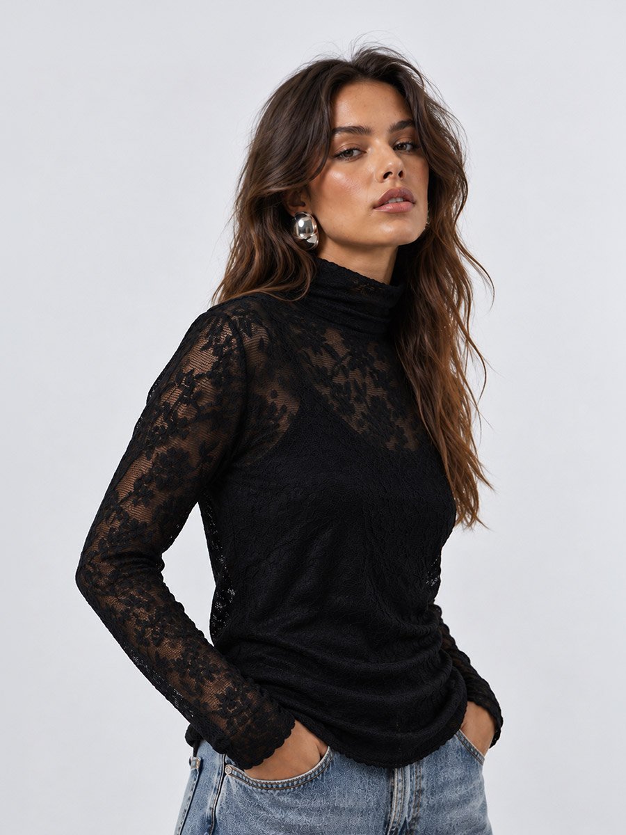 Black Lace High Neck Fitted T-Shirt