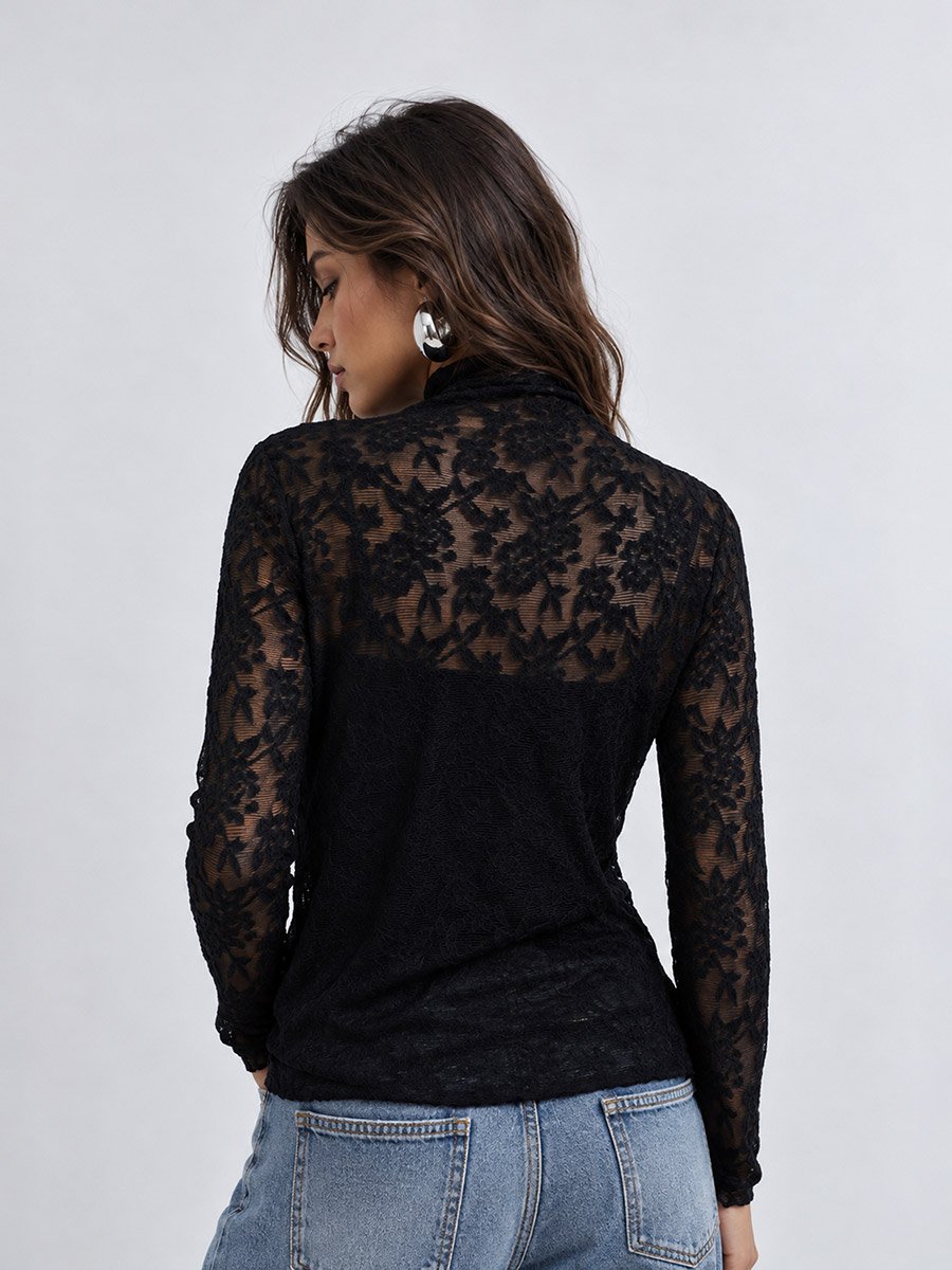 Black Lace High Neck Fitted T-Shirt