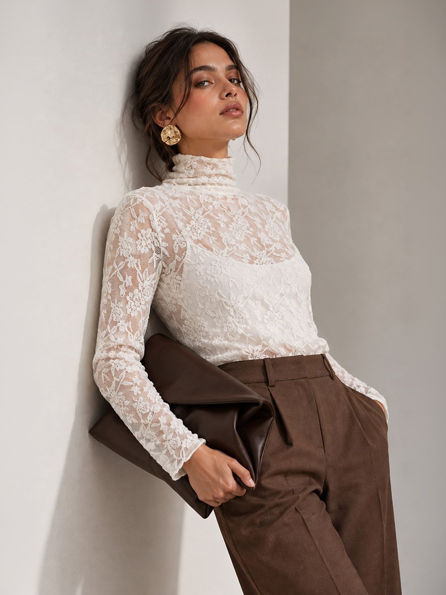 Cream Lace High Neck Fitted T-Shirt
