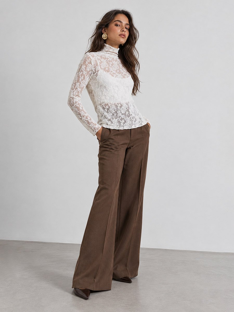 Cream Lace High Neck Fitted T-Shirt