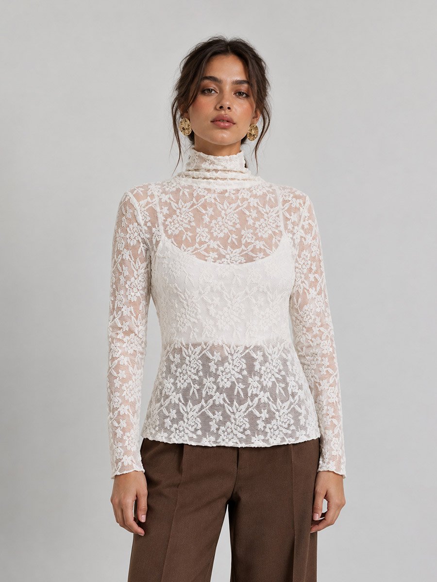 Cream Lace High Neck Fitted T-Shirt