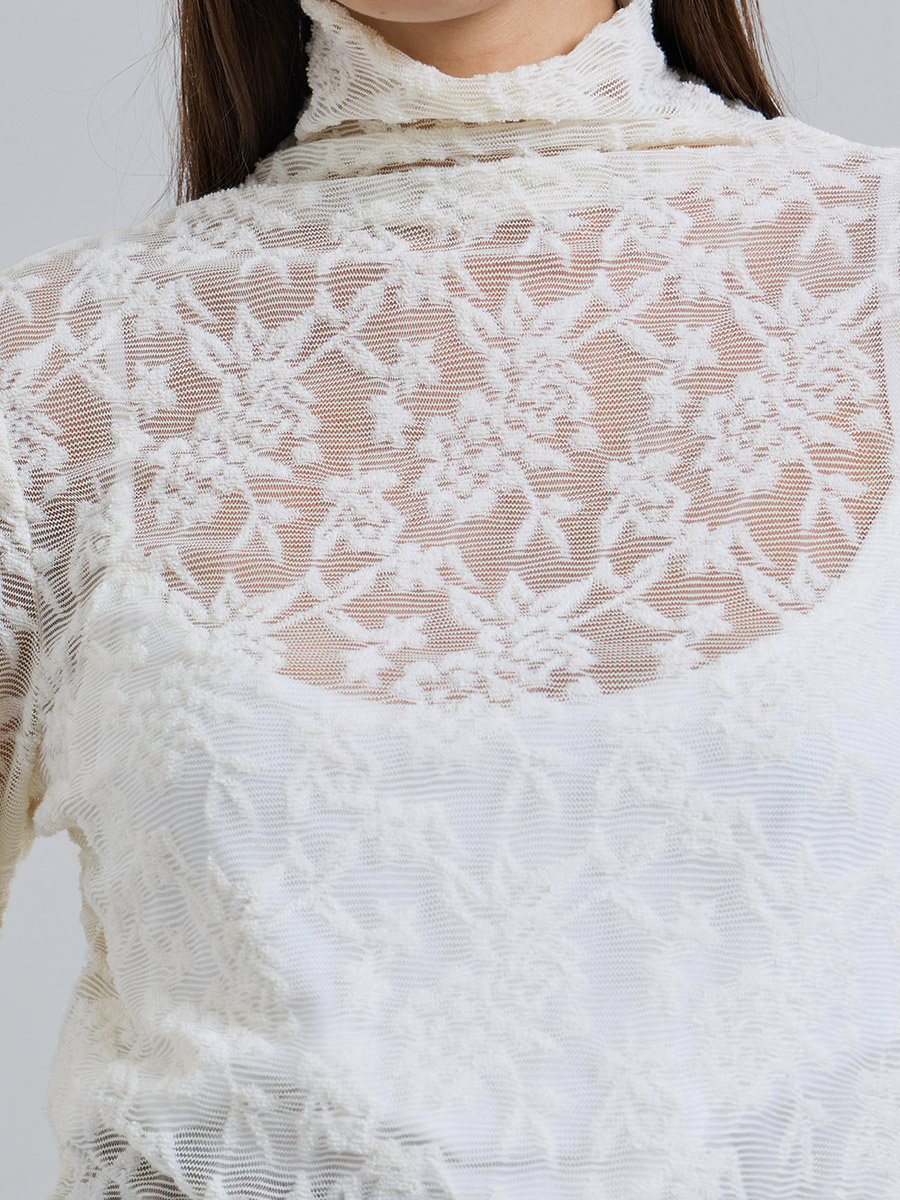 Cream Lace High Neck Fitted T-Shirt