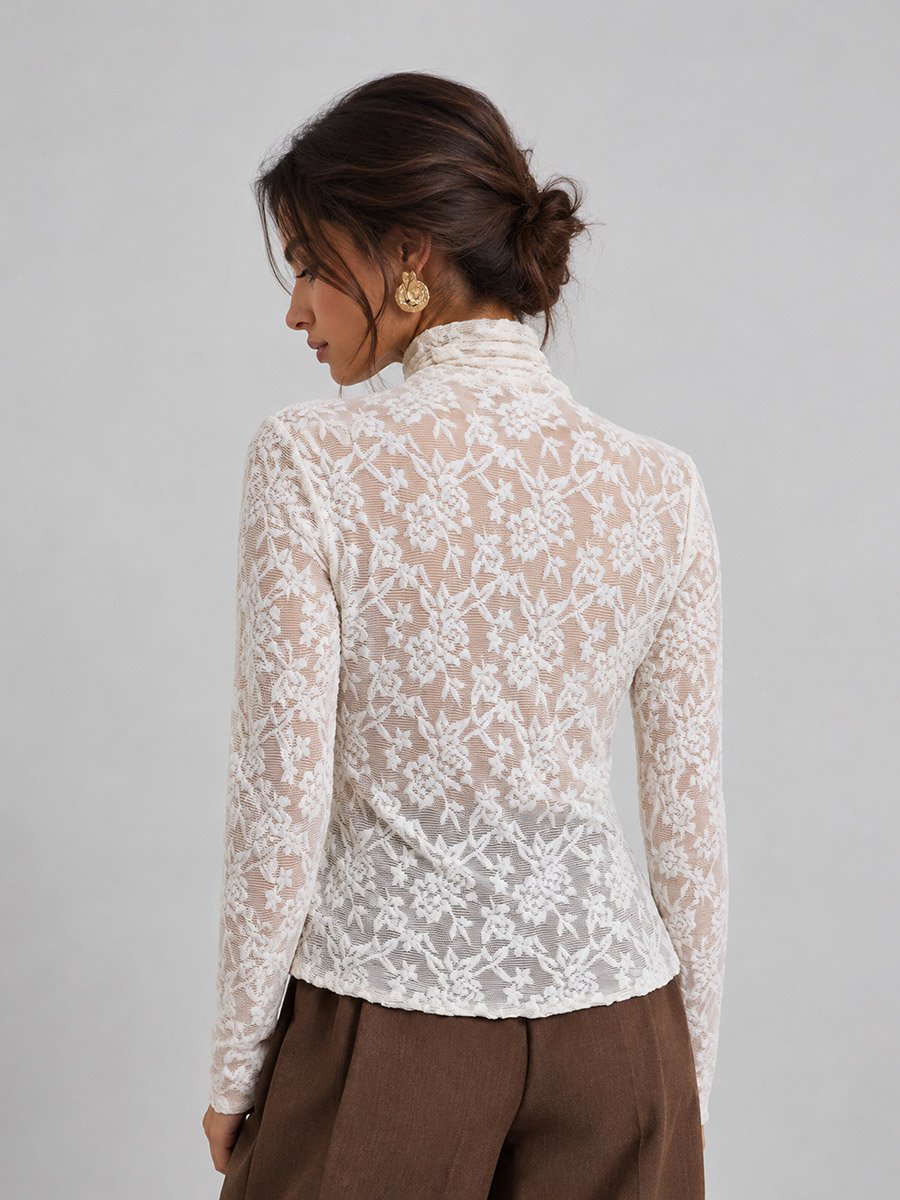 Cream Lace High Neck Fitted T-Shirt