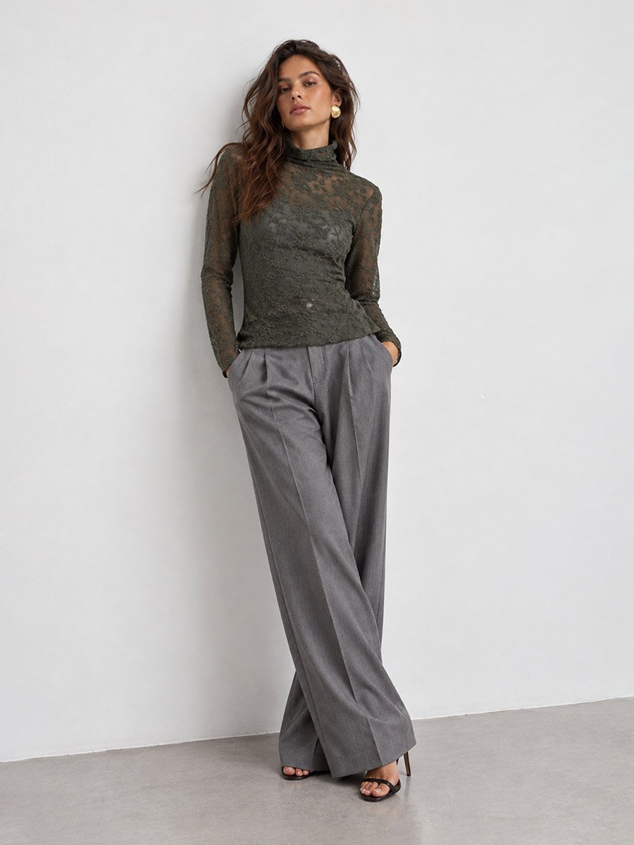 Olive Lace High Neck Fitted T-Shirt