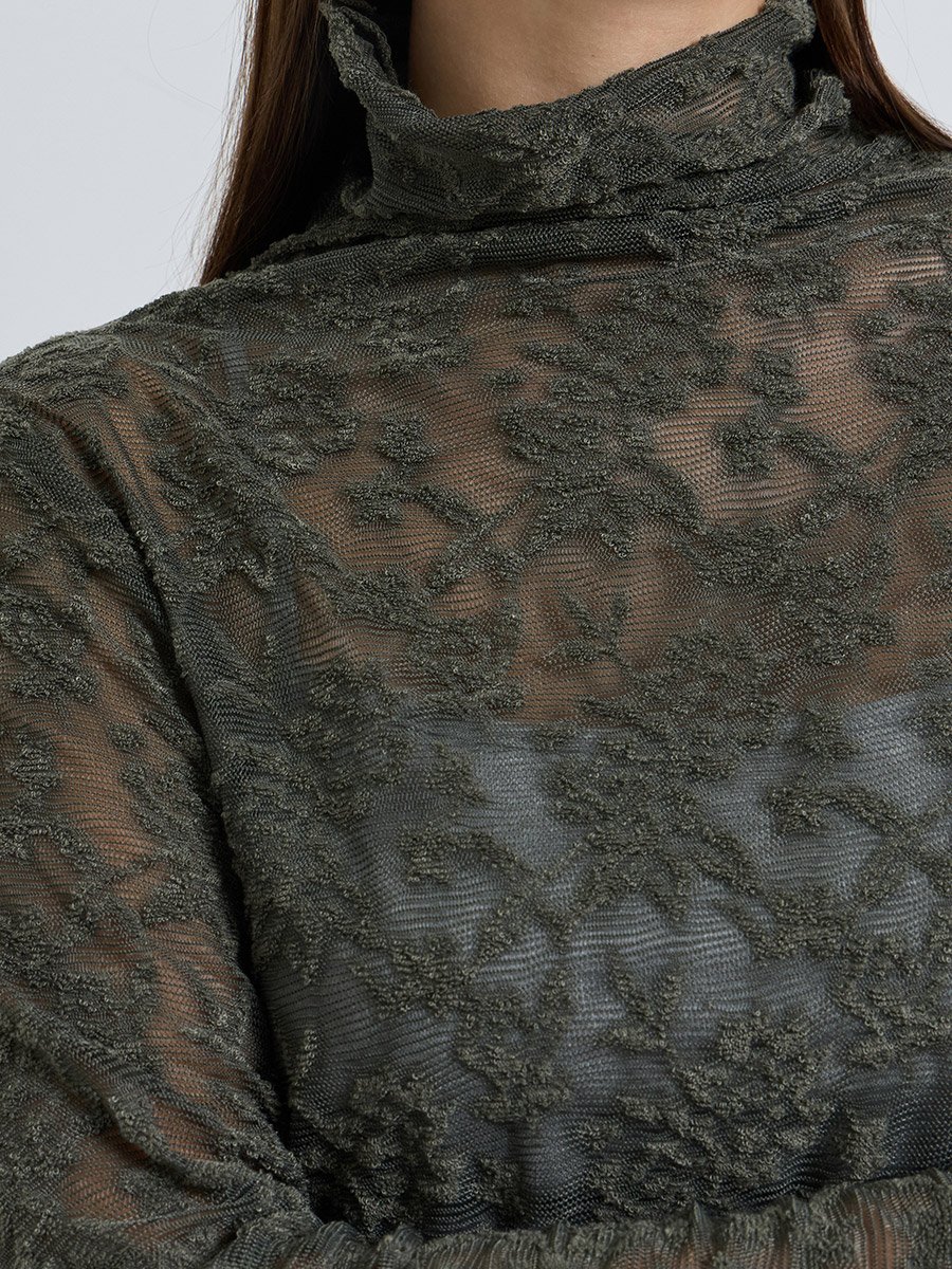 Olive Lace High Neck Fitted T-Shirt