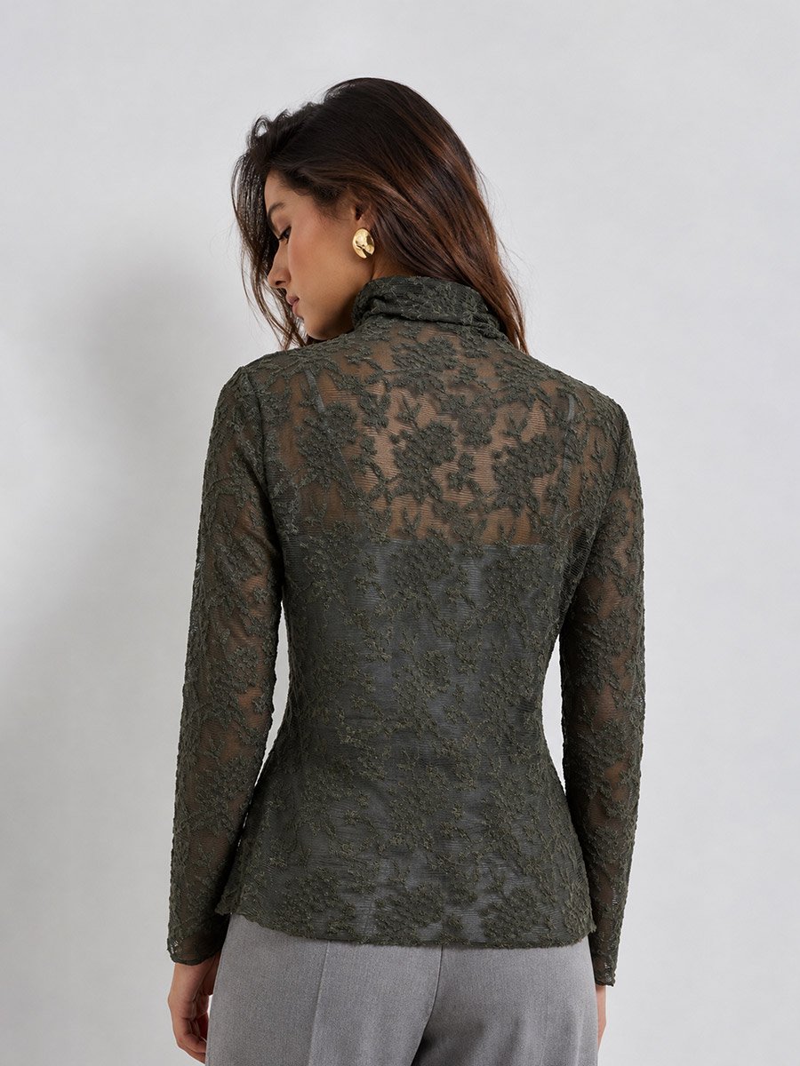 Olive Lace High Neck Fitted T-Shirt
