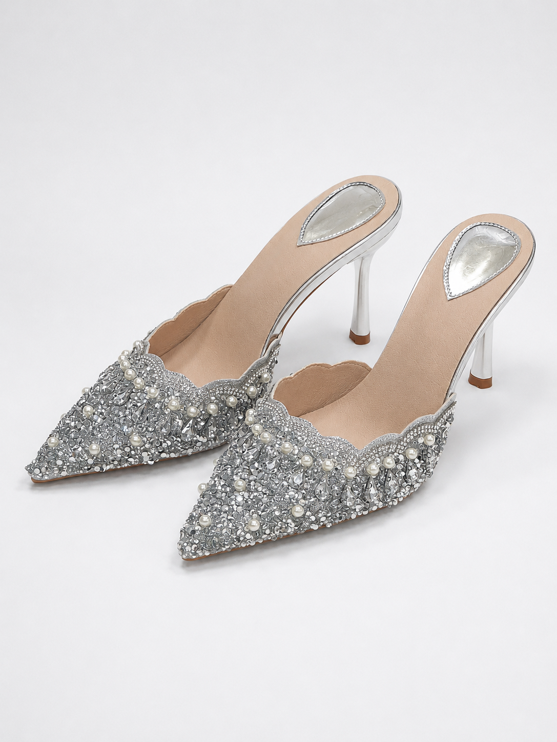 Silver Embellished Pointed Toe High Heel Sandals