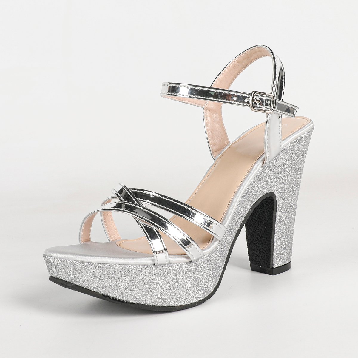 Silver Glitter High Heel Platform Sandals with Ankle Strap
