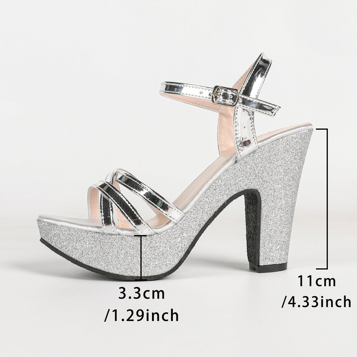 Silver Glitter High Heel Platform Sandals with Ankle Strap