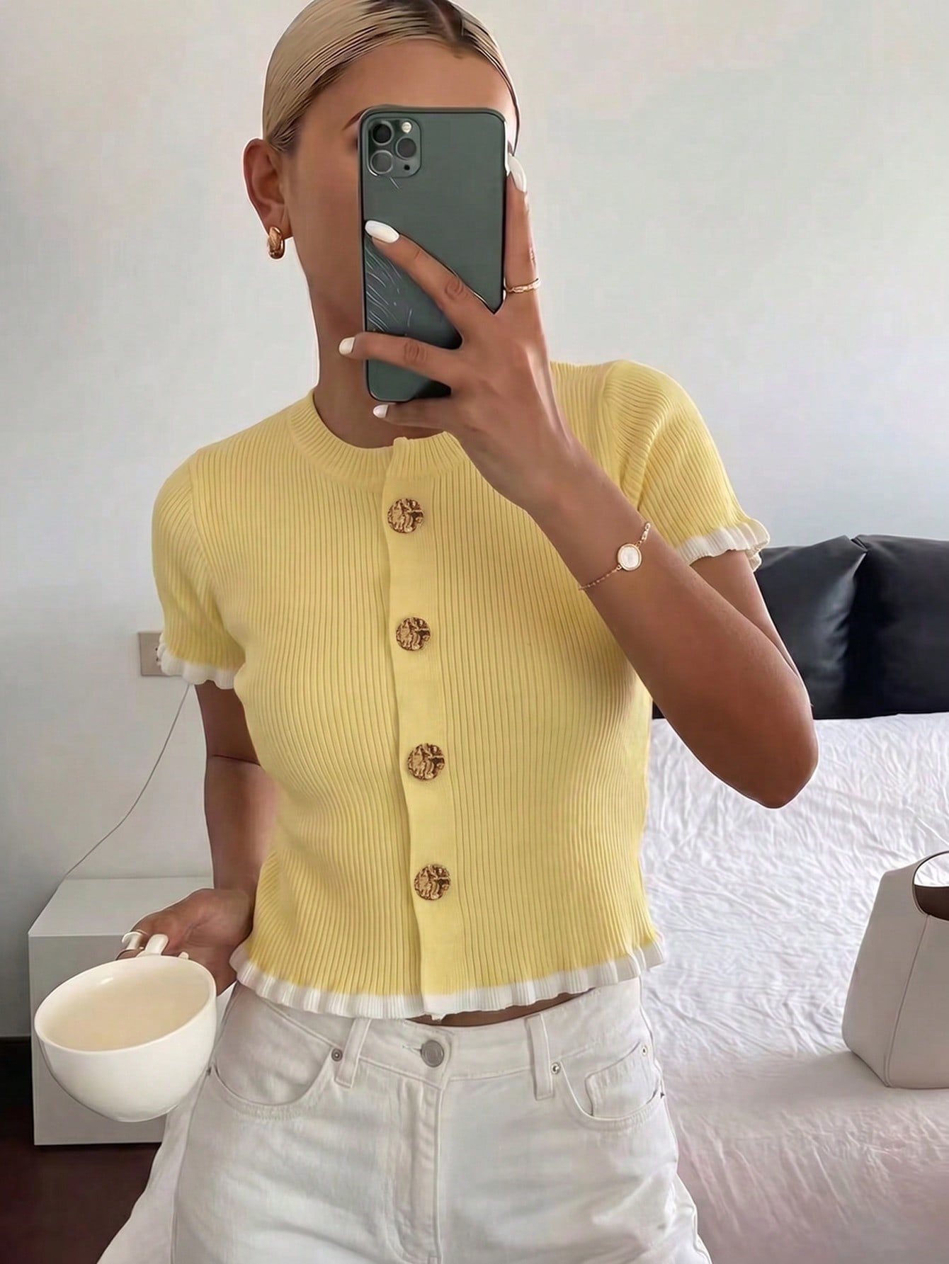 Yellow Ribbed Short Sleeve Crop Cardigan Top