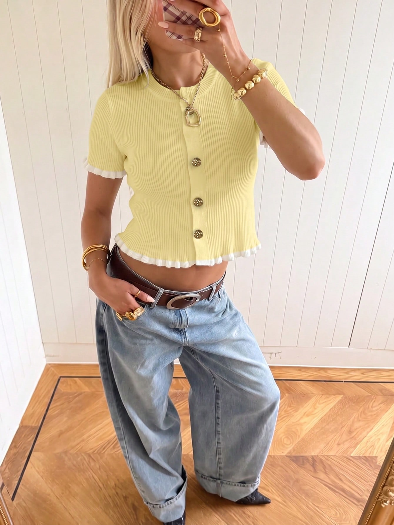 Yellow Ribbed Short Sleeve Crop Cardigan Top