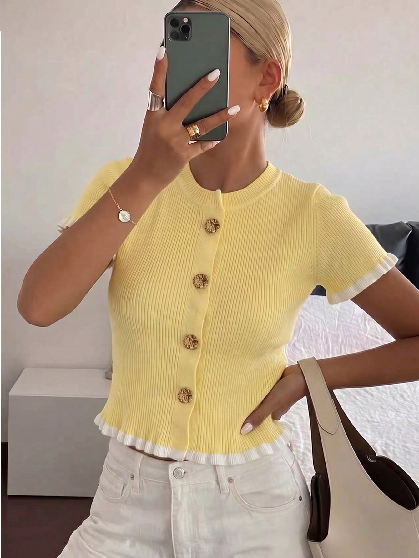 Yellow Ribbed Short Sleeve Crop Cardigan Top