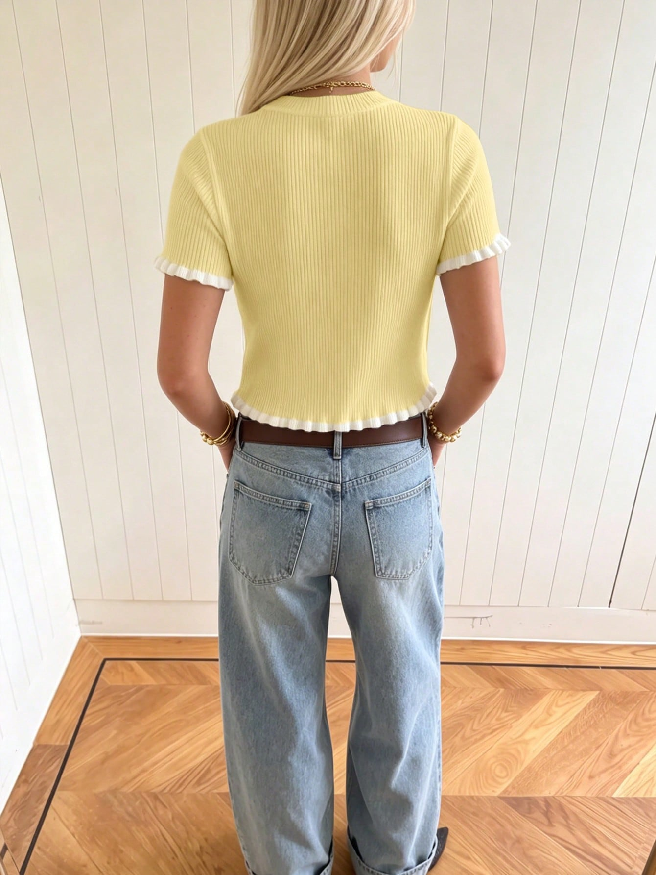 Yellow Ribbed Short Sleeve Crop Cardigan Top