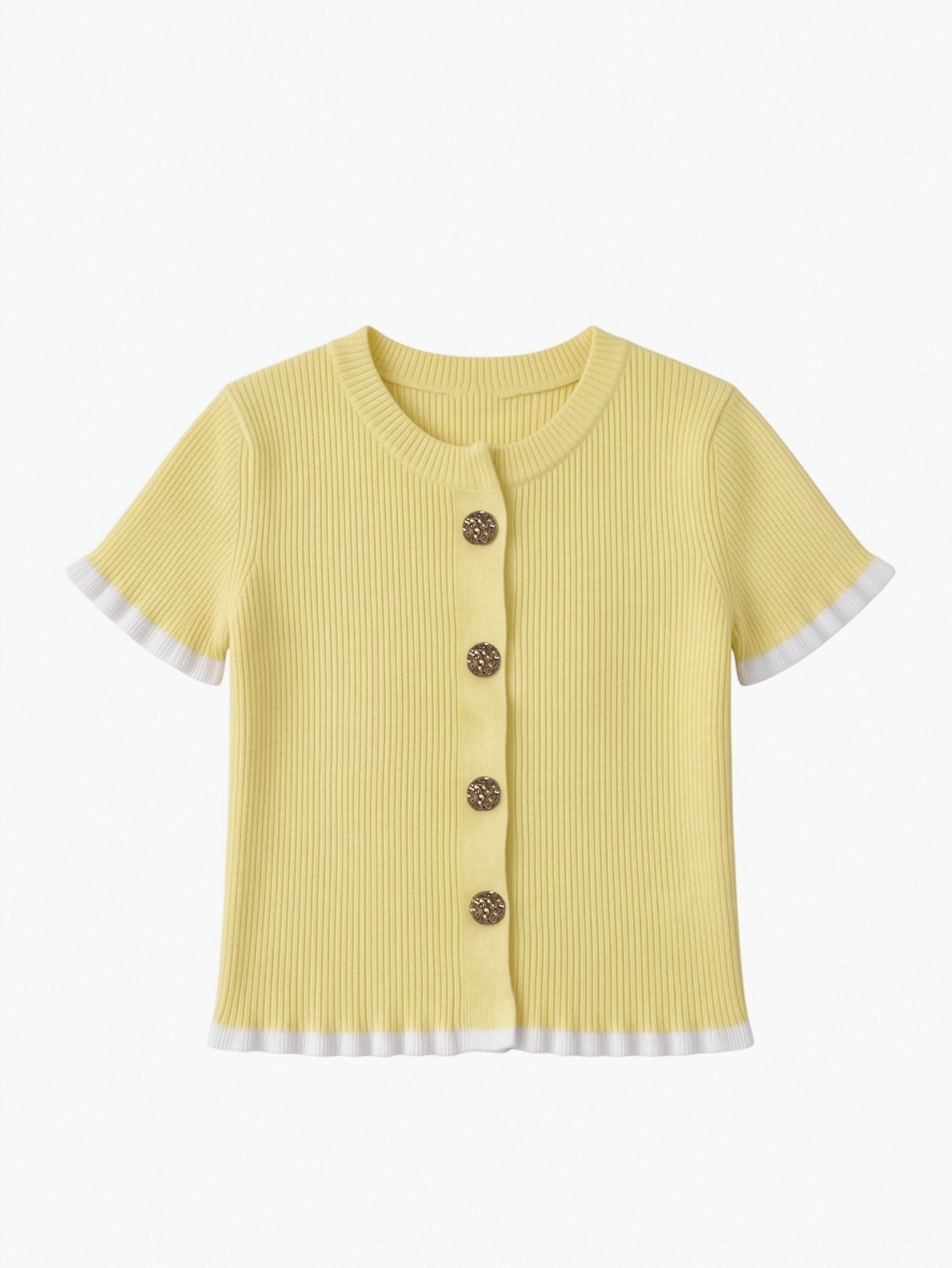 Yellow Ribbed Short Sleeve Crop Cardigan Top