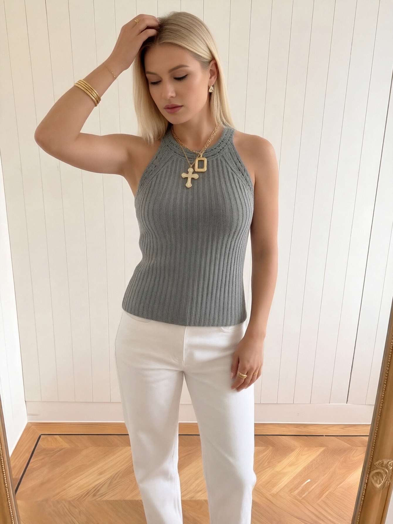 Grey Sleeveless Ribbed Knit Top