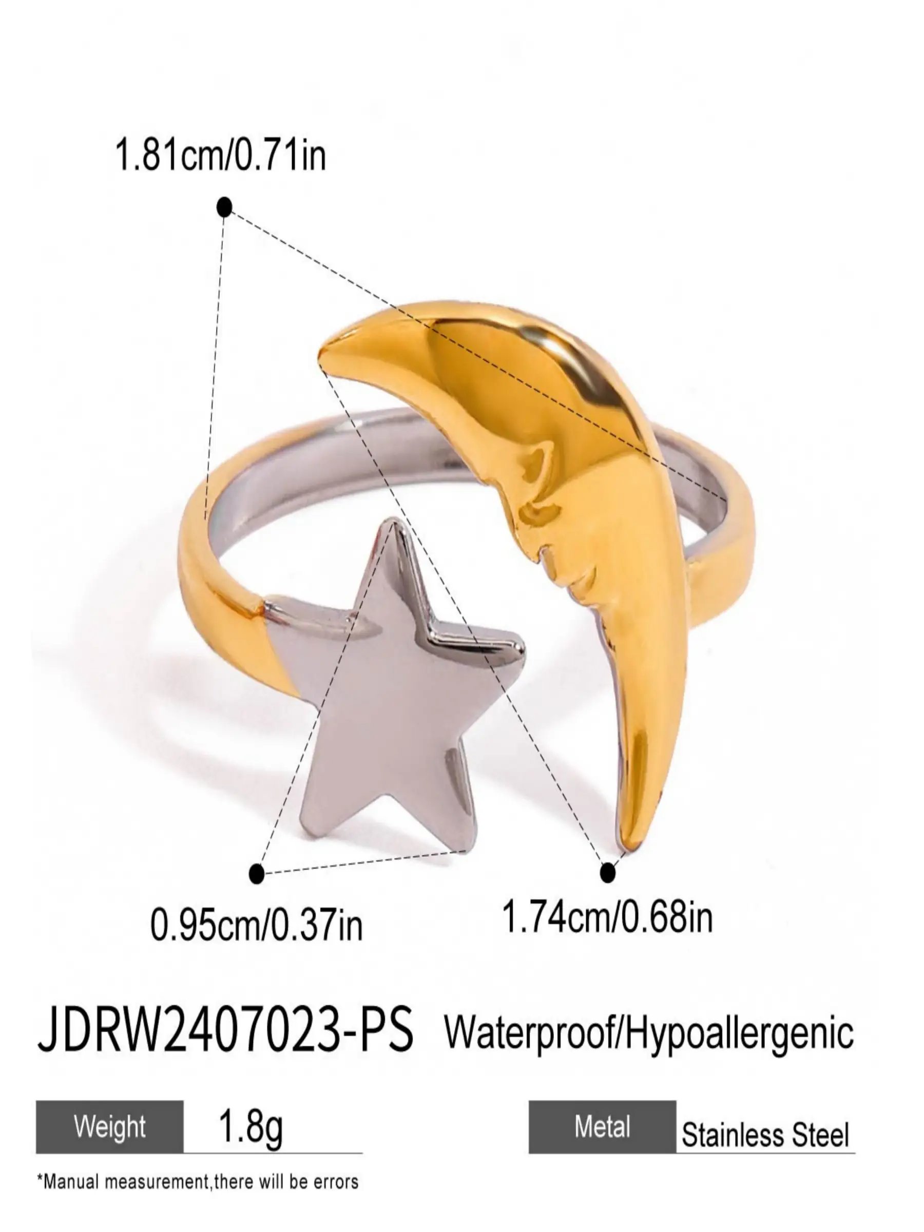 Gold and Silver Tone Moon Star Ring for Women