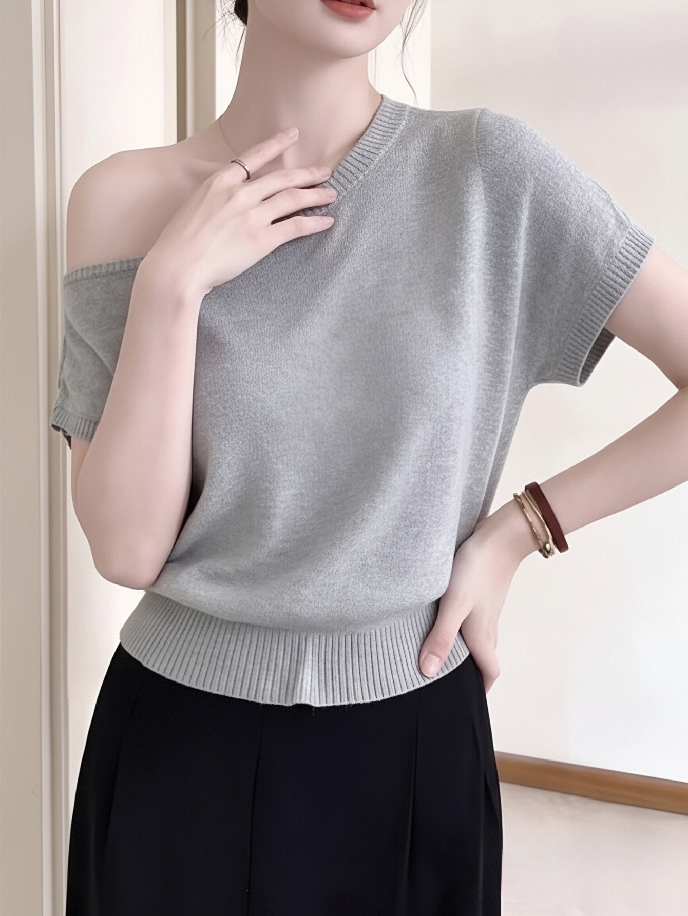 Grey Short Sleeve Knit Top
