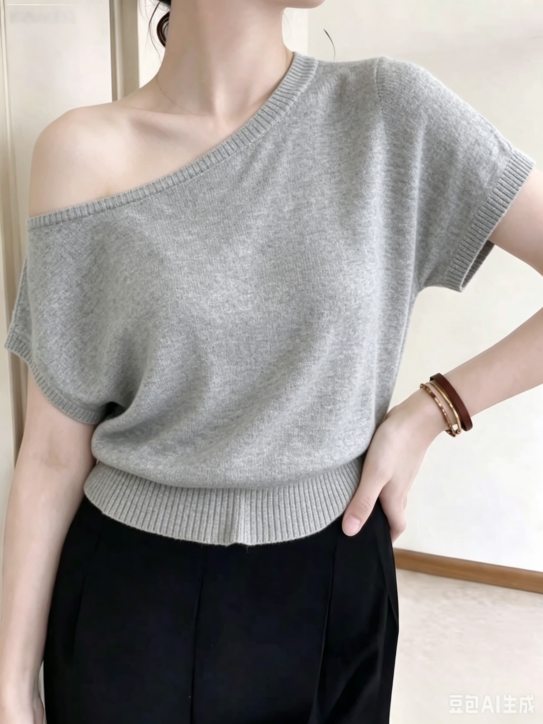 Grey Short Sleeve Knit Top