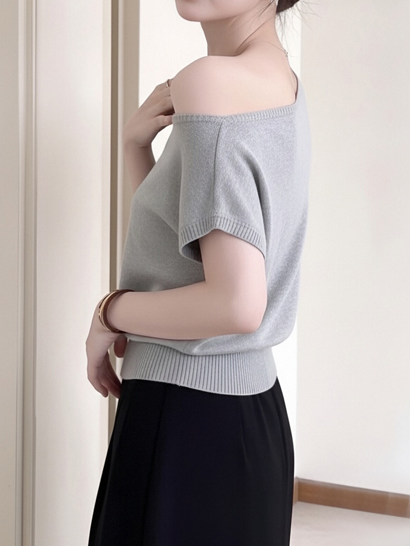 Grey Short Sleeve Knit Top