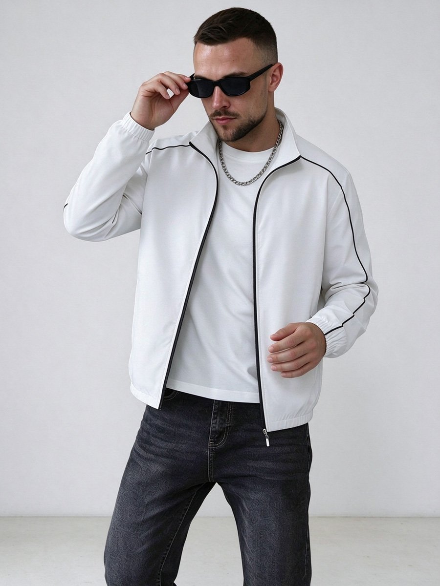 Men White Zip-Up Track Jacket with Black Trim