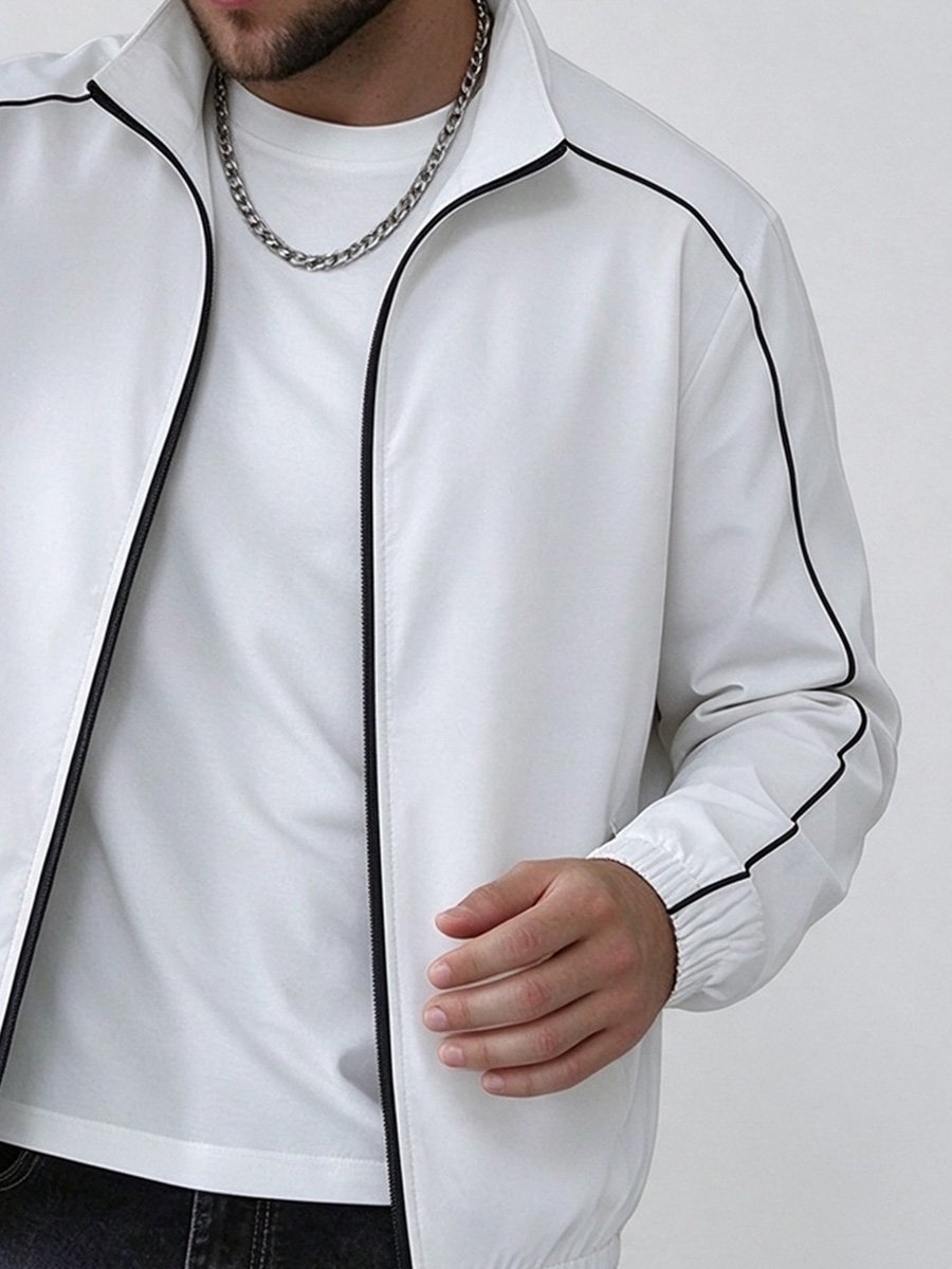 Men White Zip-Up Track Jacket with Black Trim