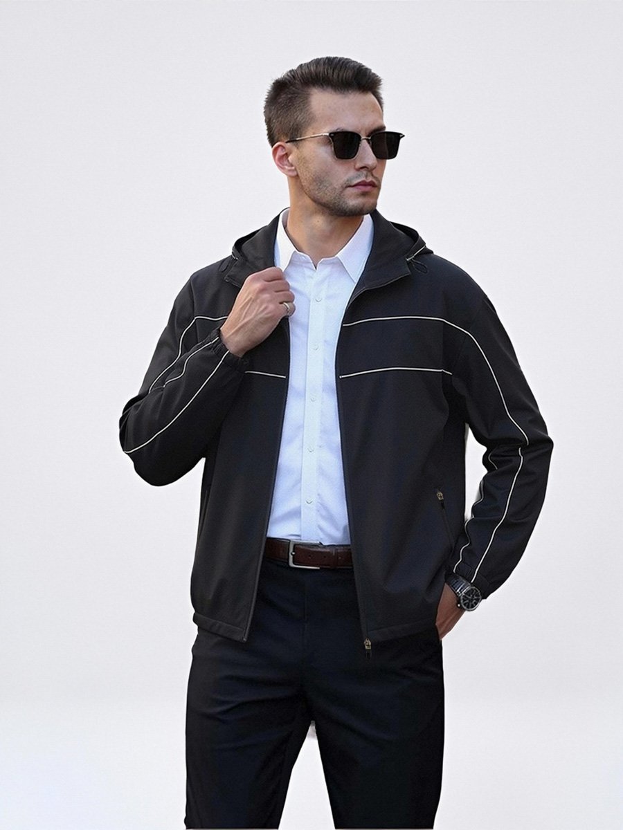 Men Black Zip-Up Hooded Windbreaker Jacket