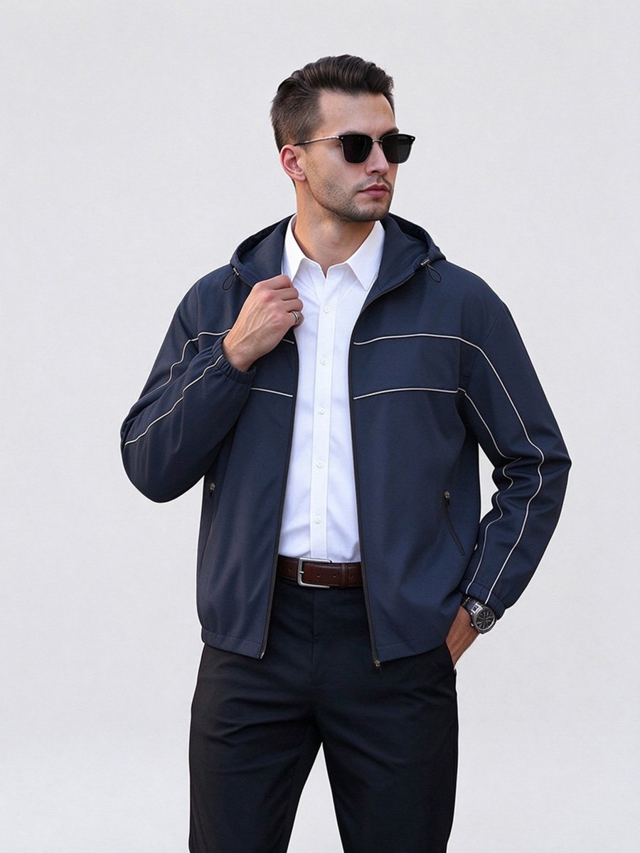Men Dark Blue Hooded Zip-Up Windbreaker Jacket
