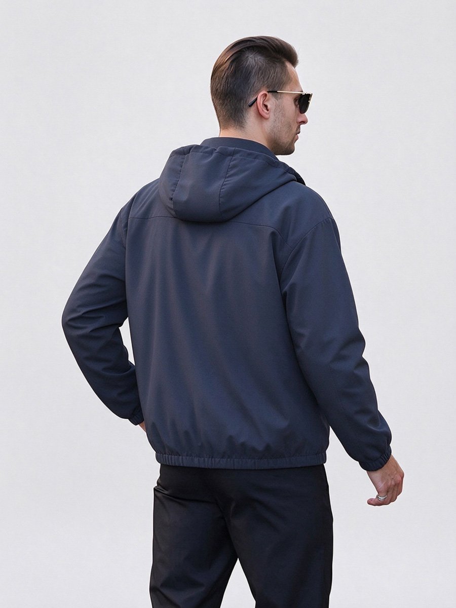 Men Dark Blue Hooded Zip-Up Windbreaker Jacket