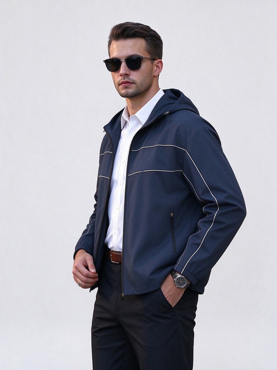 Men Dark Blue Hooded Zip-Up Windbreaker Jacket