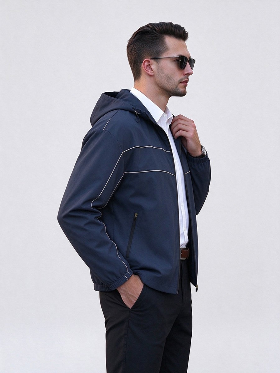 Men Dark Blue Hooded Zip-Up Windbreaker Jacket