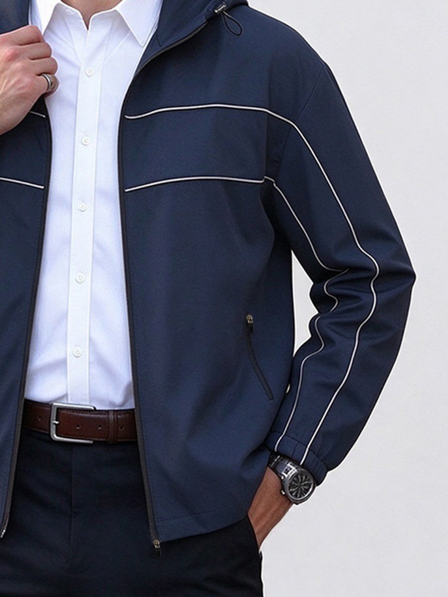 Men Dark Blue Hooded Zip-Up Windbreaker Jacket
