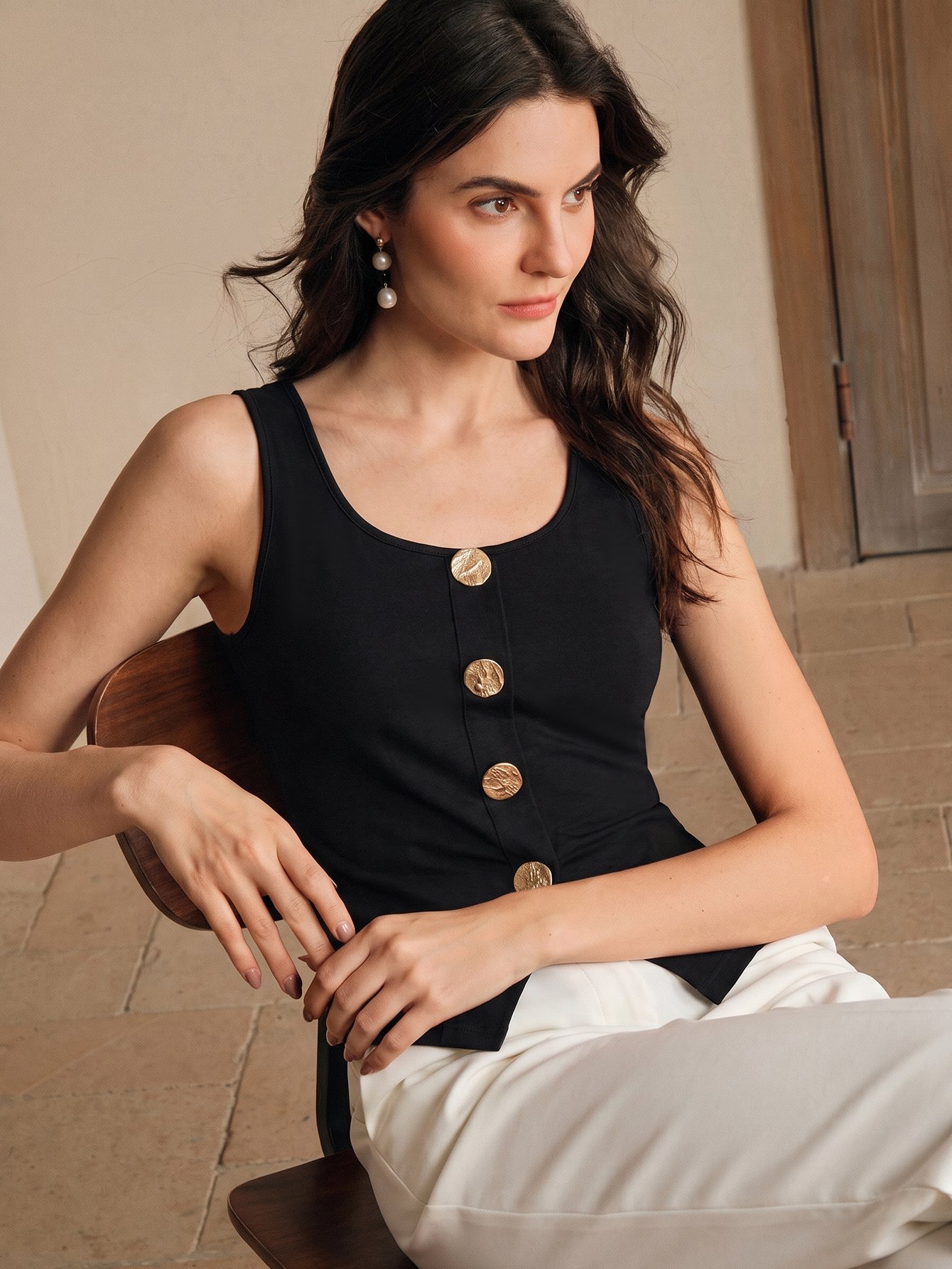 Black Sleeveless Top with Gold Buttons