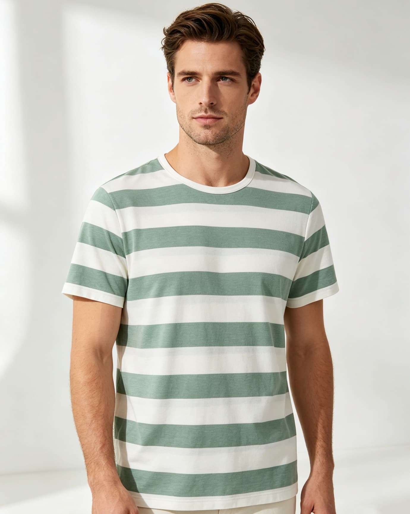 Green Striped Cotton Round Neck T-Shirt