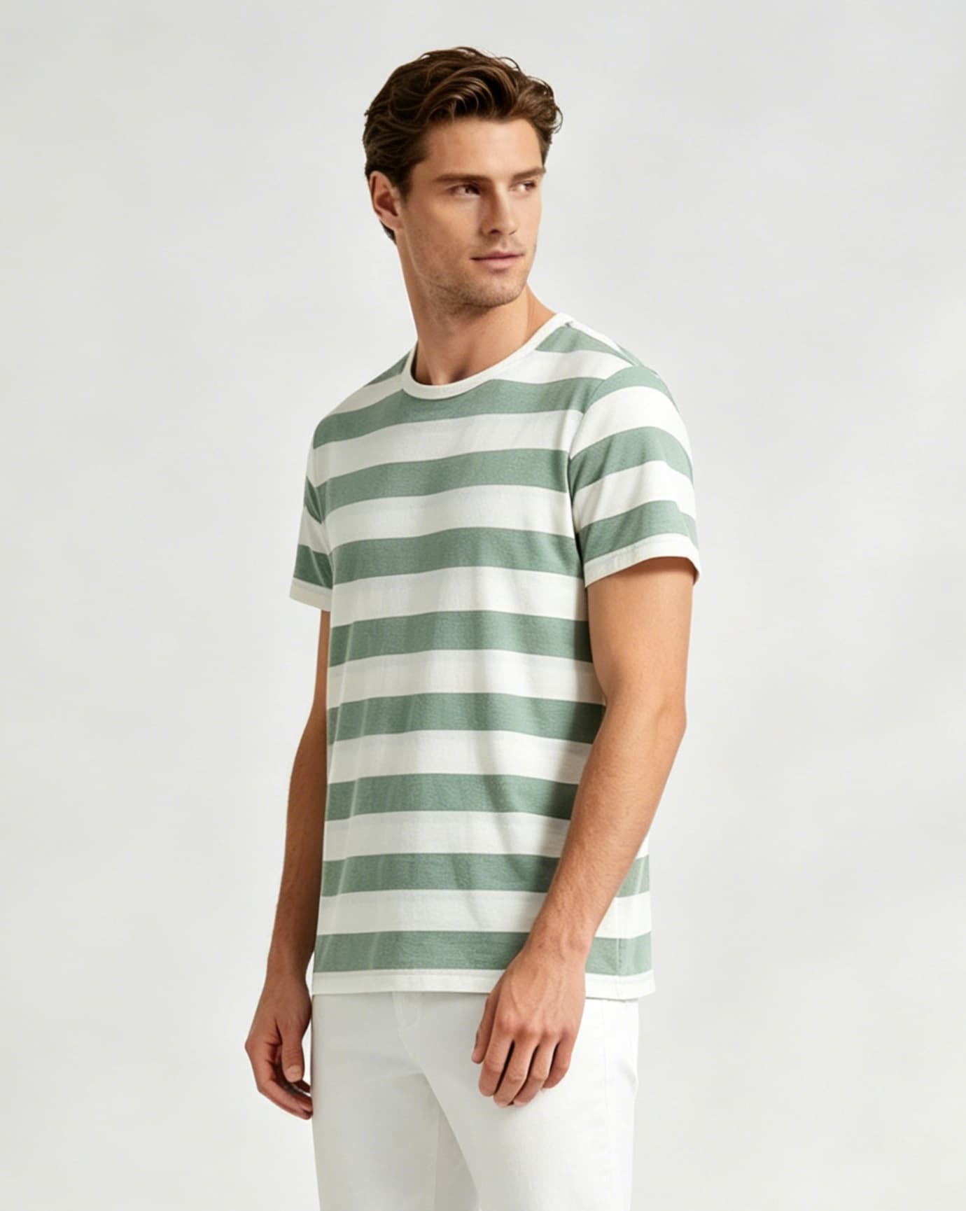 Green Striped Cotton Round Neck T-Shirt