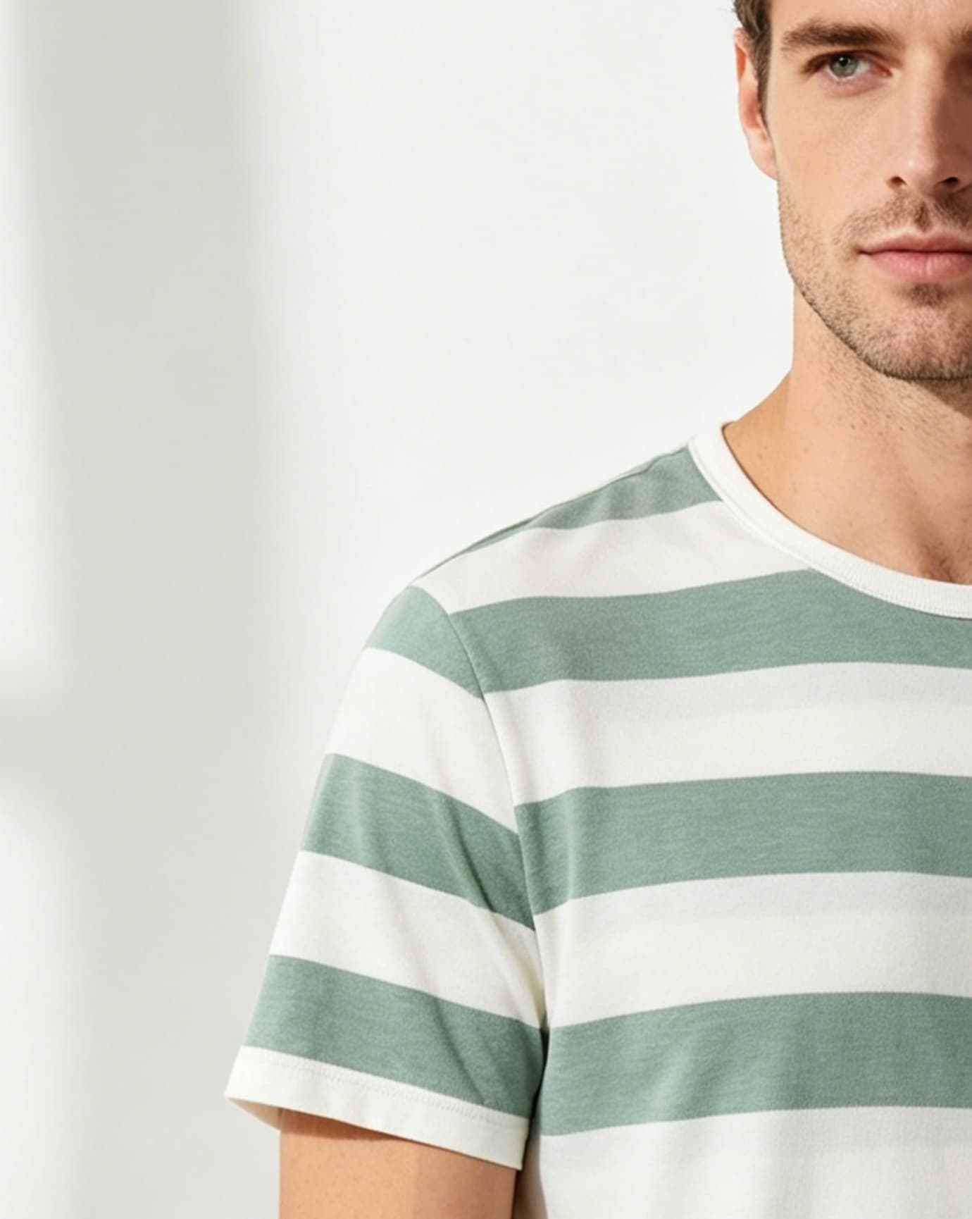 Green Striped Cotton Round Neck T-Shirt