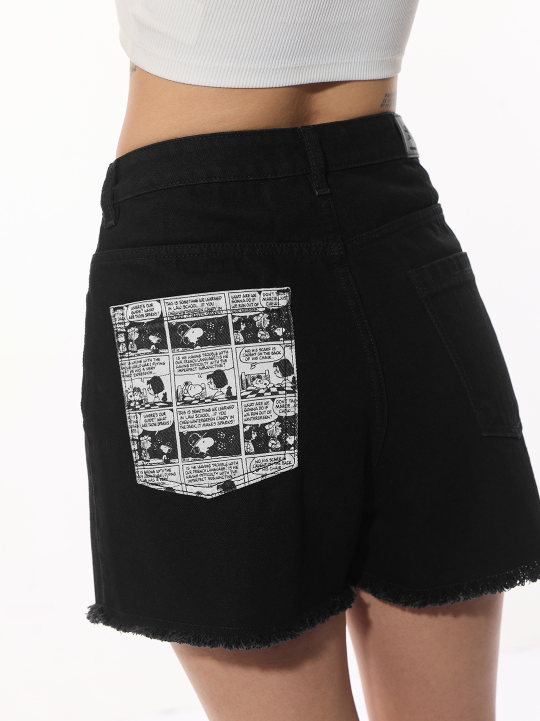 Black Denim Shorts with Frayed Hem