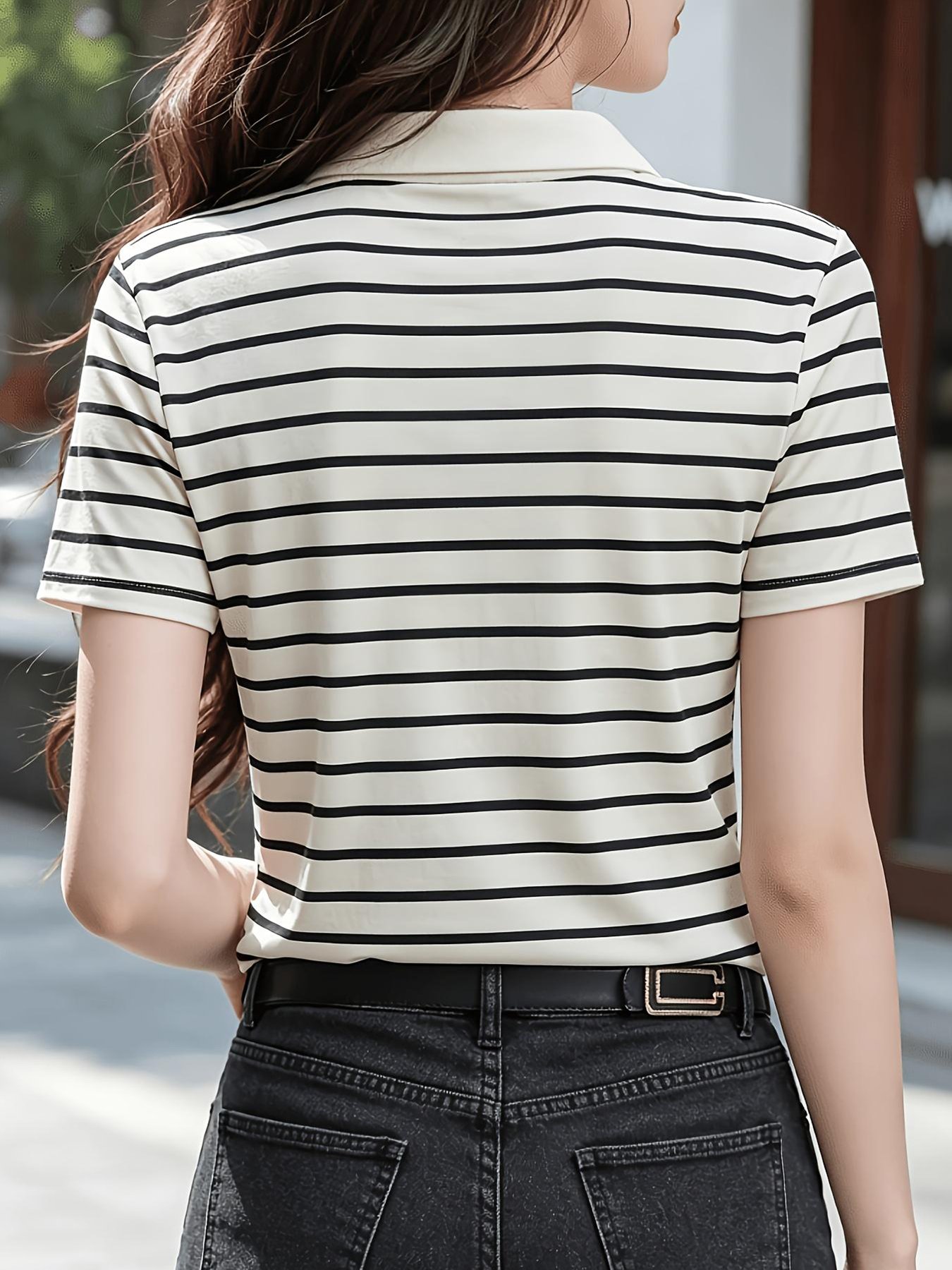 White Striped V-Neck Short Sleeves Polo T-Shirt
