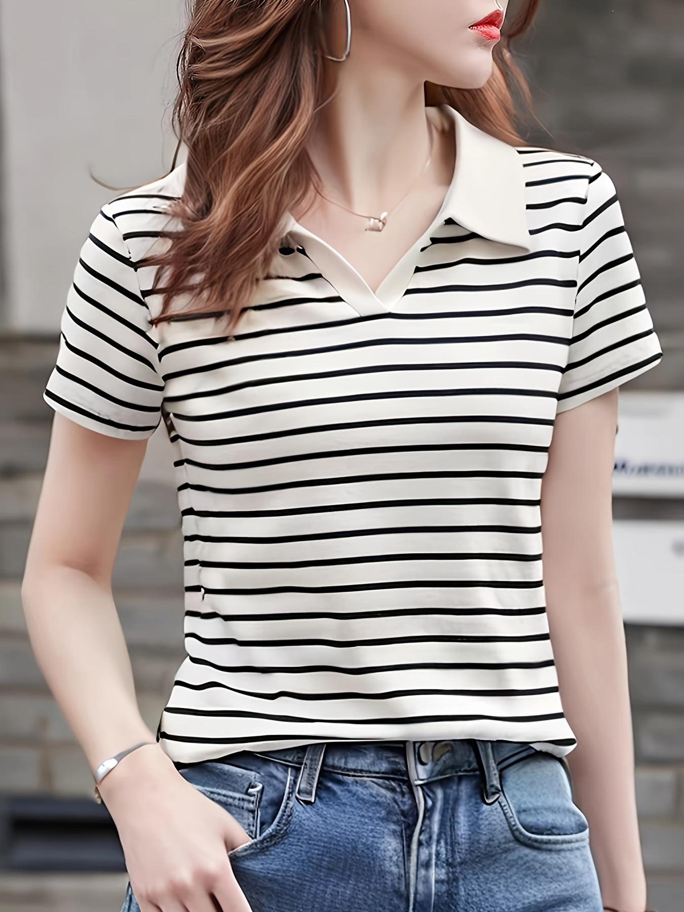 White Striped V-Neck Short Sleeves Polo T-Shirt