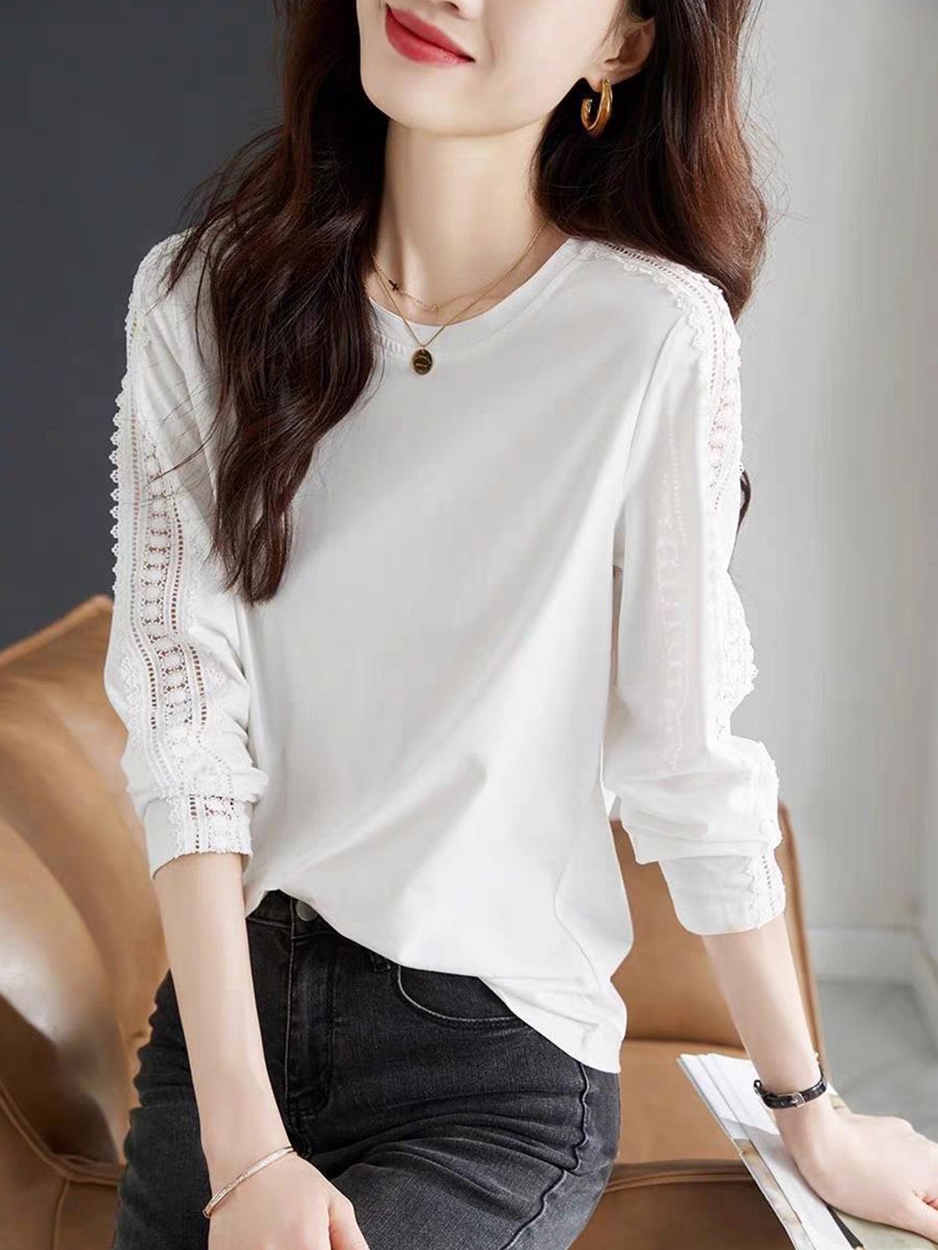 White Crew Neck Long Sleeve T-Shirt with Lace Detail