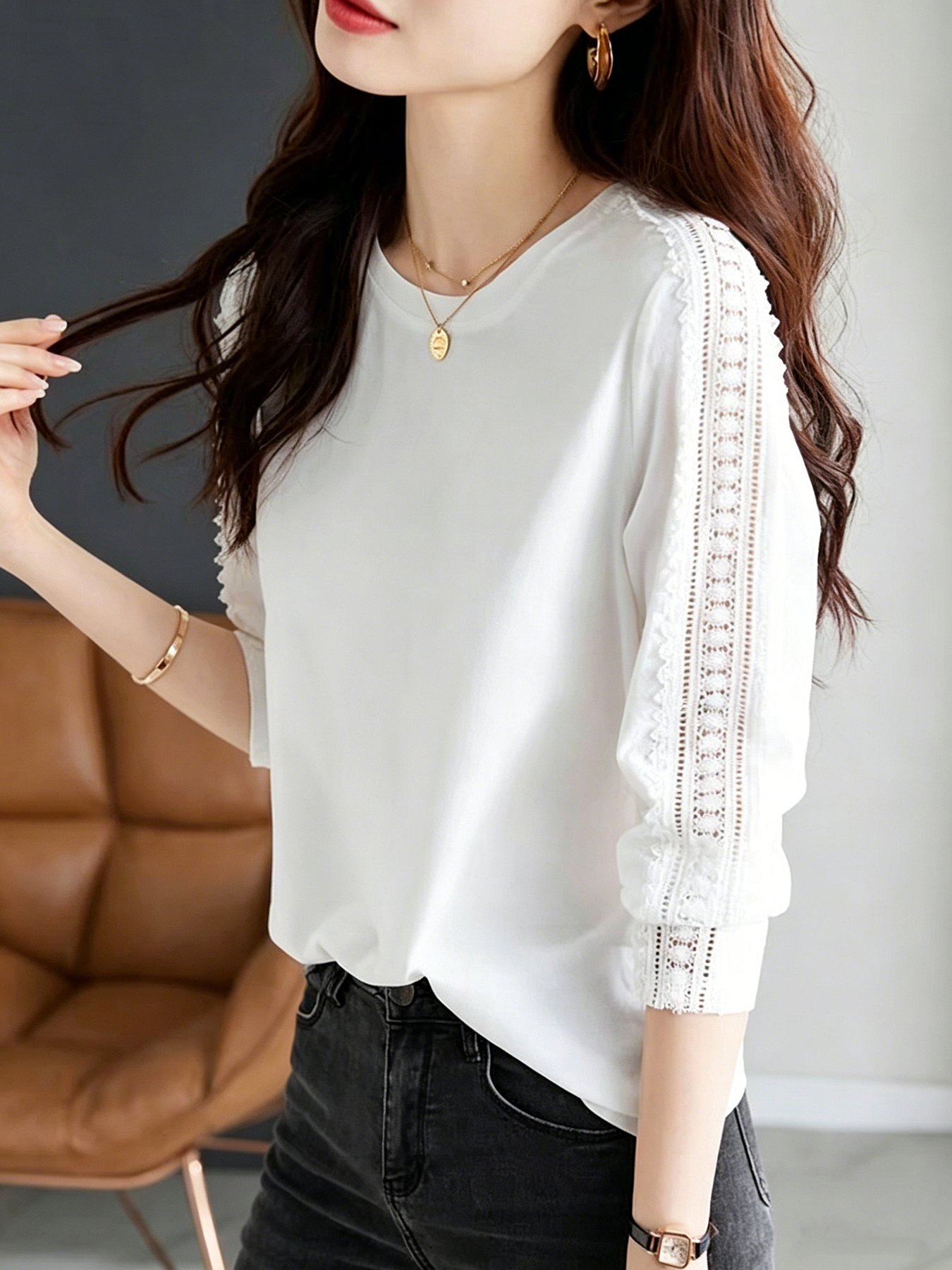 White Crew Neck Long Sleeve T-Shirt with Lace Detail