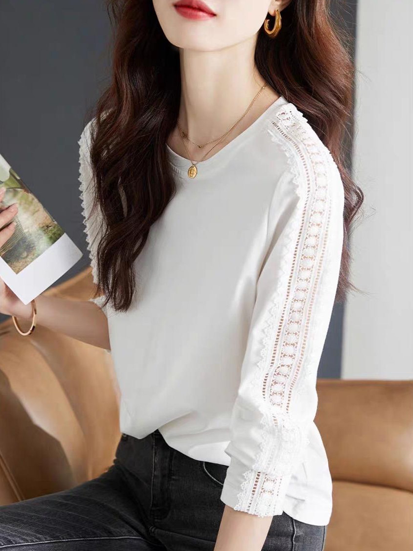 White Crew Neck Long Sleeve T-Shirt with Lace Detail