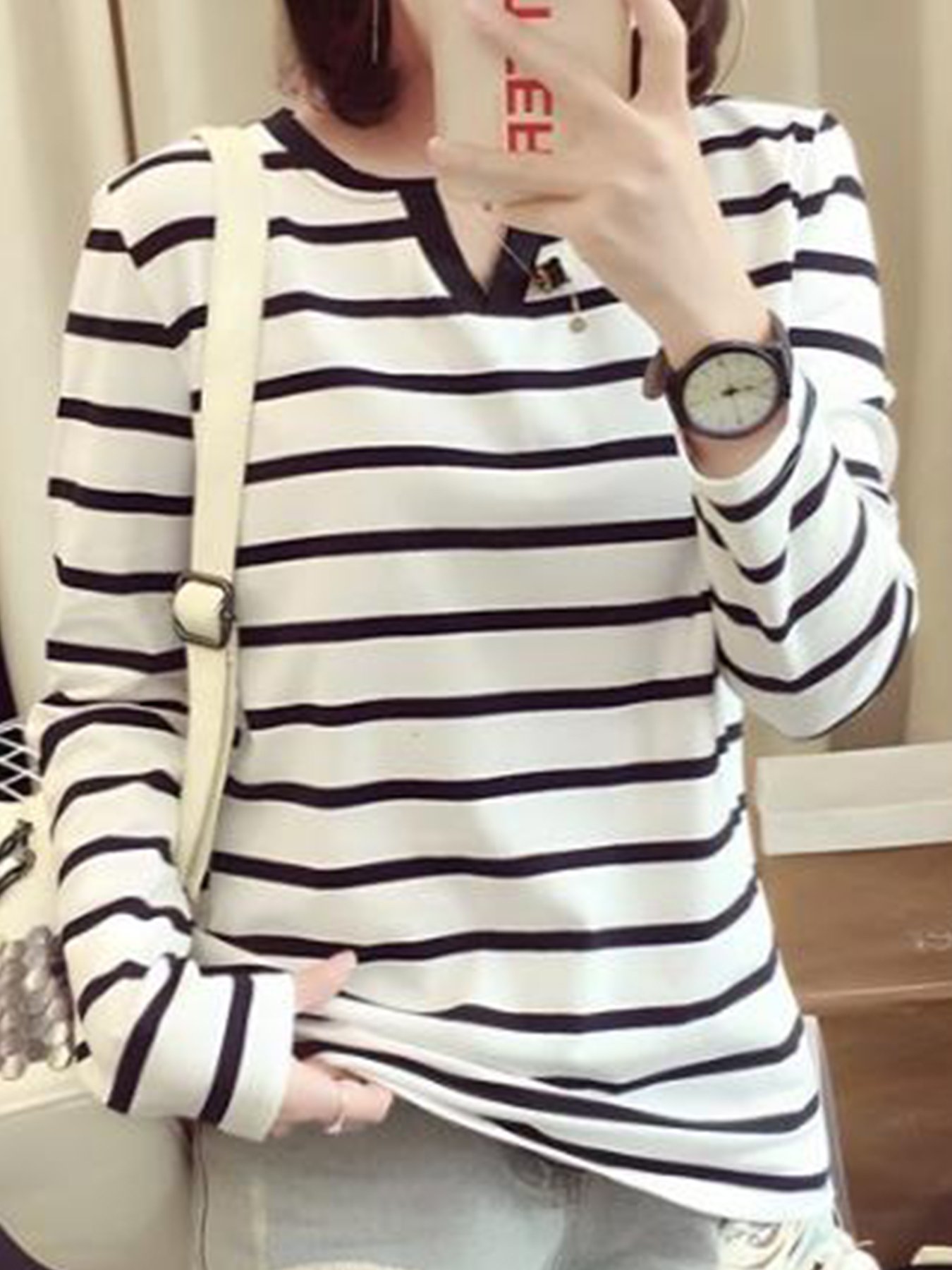 White Striped V-Neck Long Sleeve T-Shirt
