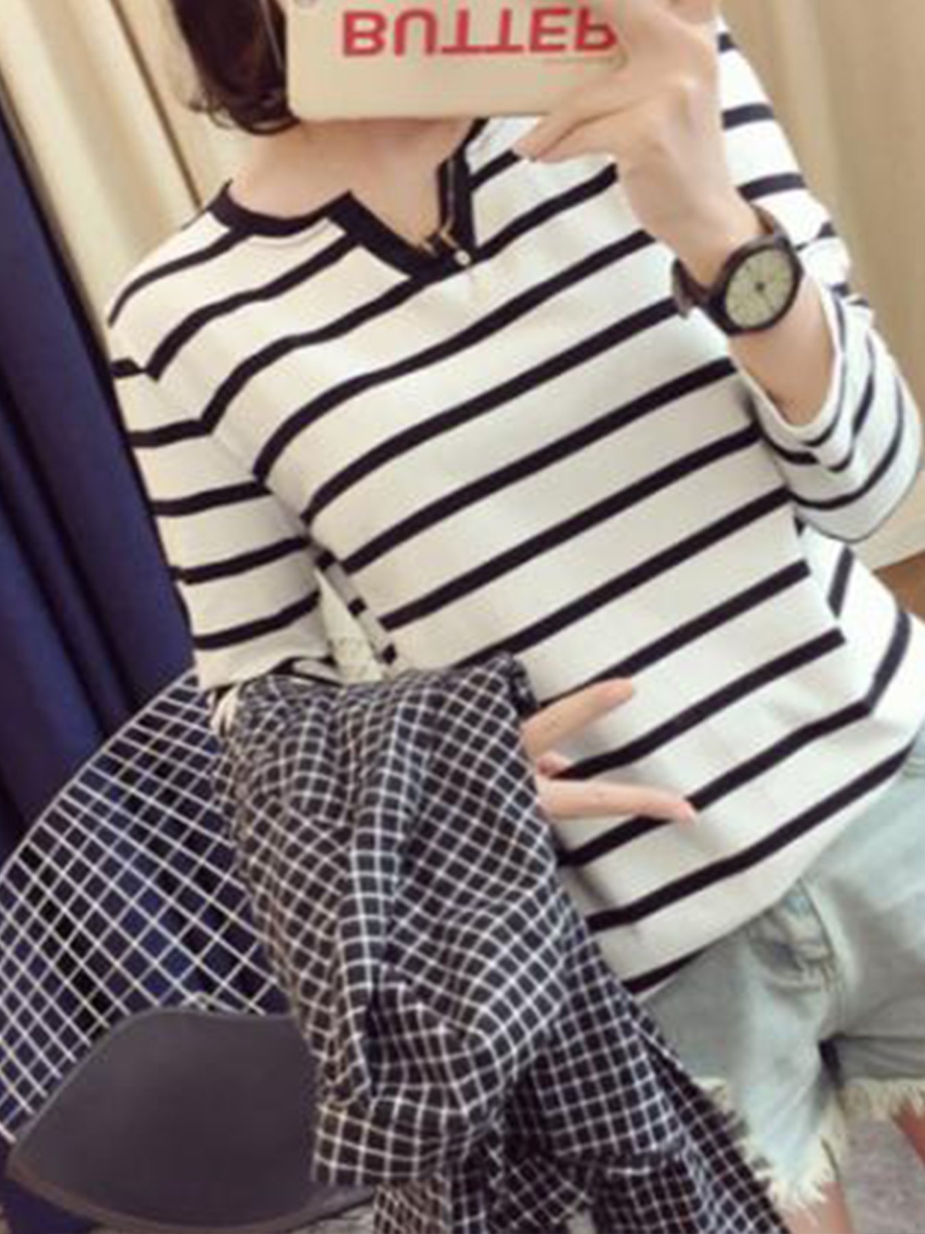 White Striped V-Neck Long Sleeve T-Shirt