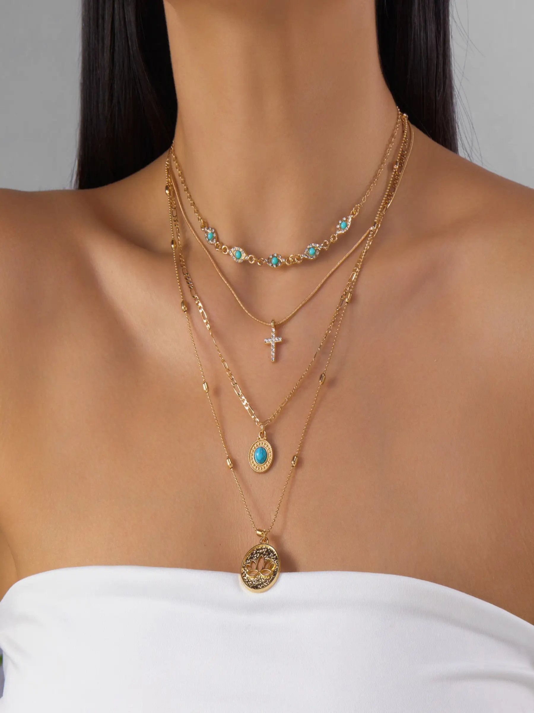 Gold-Tone Layered Necklace with Turquoise Pendants